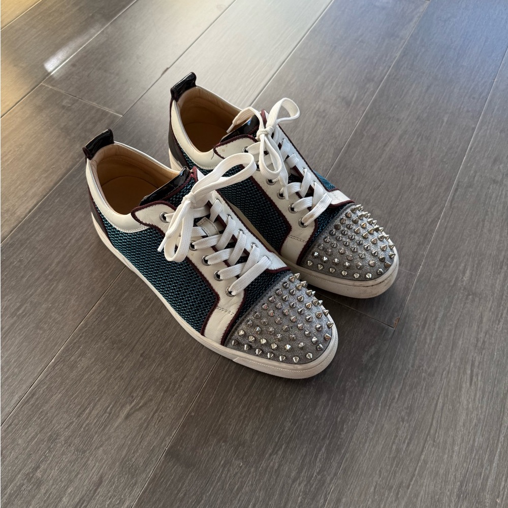 Christian Louboutin White and Blue Spiked Sneakers